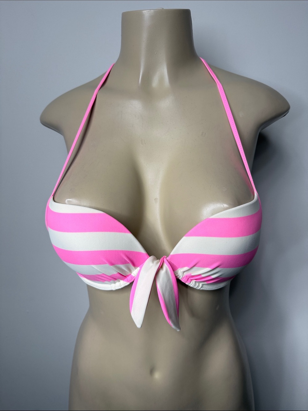Jack Wills Pink & White Striped Tie-Front Halter Bikini Top 34B